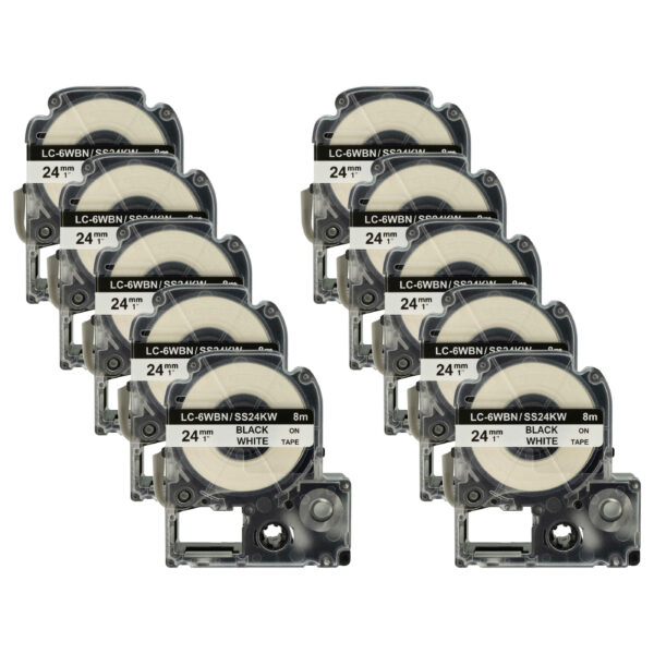 10x Fita de Etiquetas Compatível Epson LC-6WBN - 24 mm Preto sobre Branco