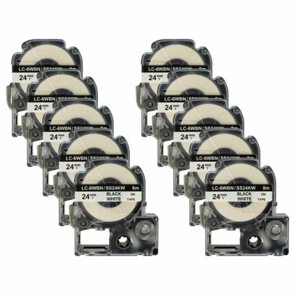 10x Fita de Etiquetas Compatível Epson LC-6WBN - 24 mm Preto sobre Branco