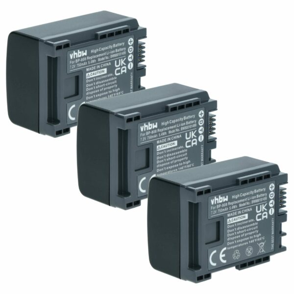 Bateria vhbw 3x para câmaras Canon BP-808 - 750 mAh 7.2 V Li-Ion