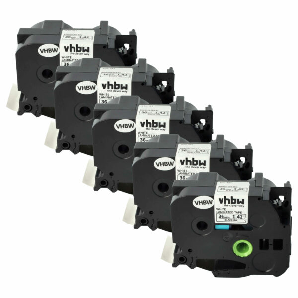 5x Fita de Etiquetas vhbw compatível com Brother TZ-261, TZE-261 - 36 mm Preto sobre Branco