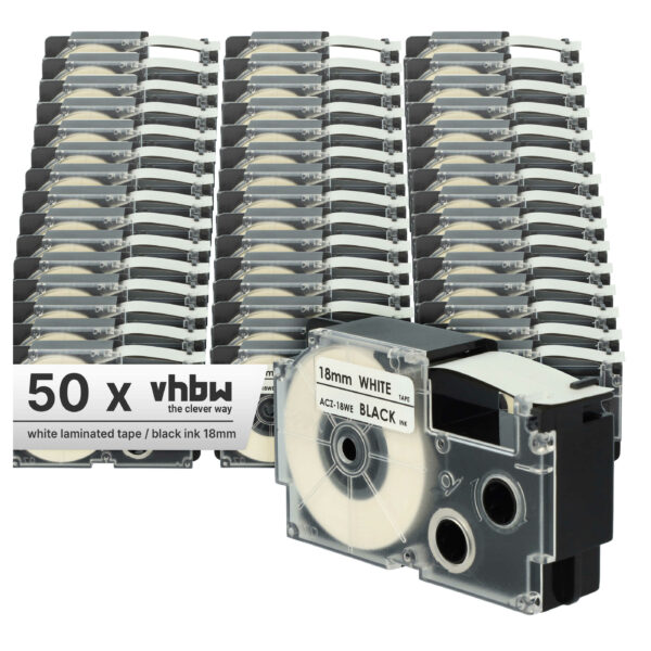 50x Fita de etiquetas vhbw para Casio XR-18WE, XR-18WE1 - 18 mm Preto sobre Branco
