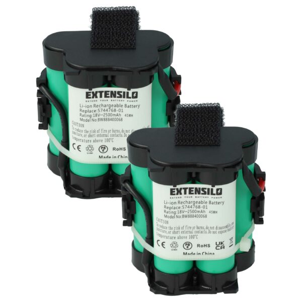 2x Bateria EXTENSILO para Gardena R40Li, Husqvarna Automower, Flymo 1200R - 2500 mAh 18V Li-Ion