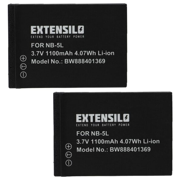 2x Bateria EXTENSILO compatível Canon NB-5L - 1100mAh, 3.7V, Li-Ion