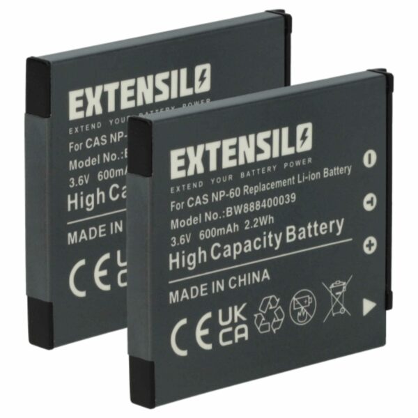 2x Bateria EXTENSILO NP-60 para Casio - 600mAh, 3.7V, Li-Ion