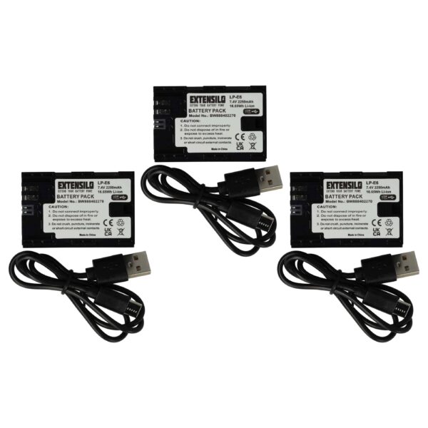 3x Baterias EXTENSILO para Canon LP-E6 - 2250mAh, 7.4V, com Porta USB-C