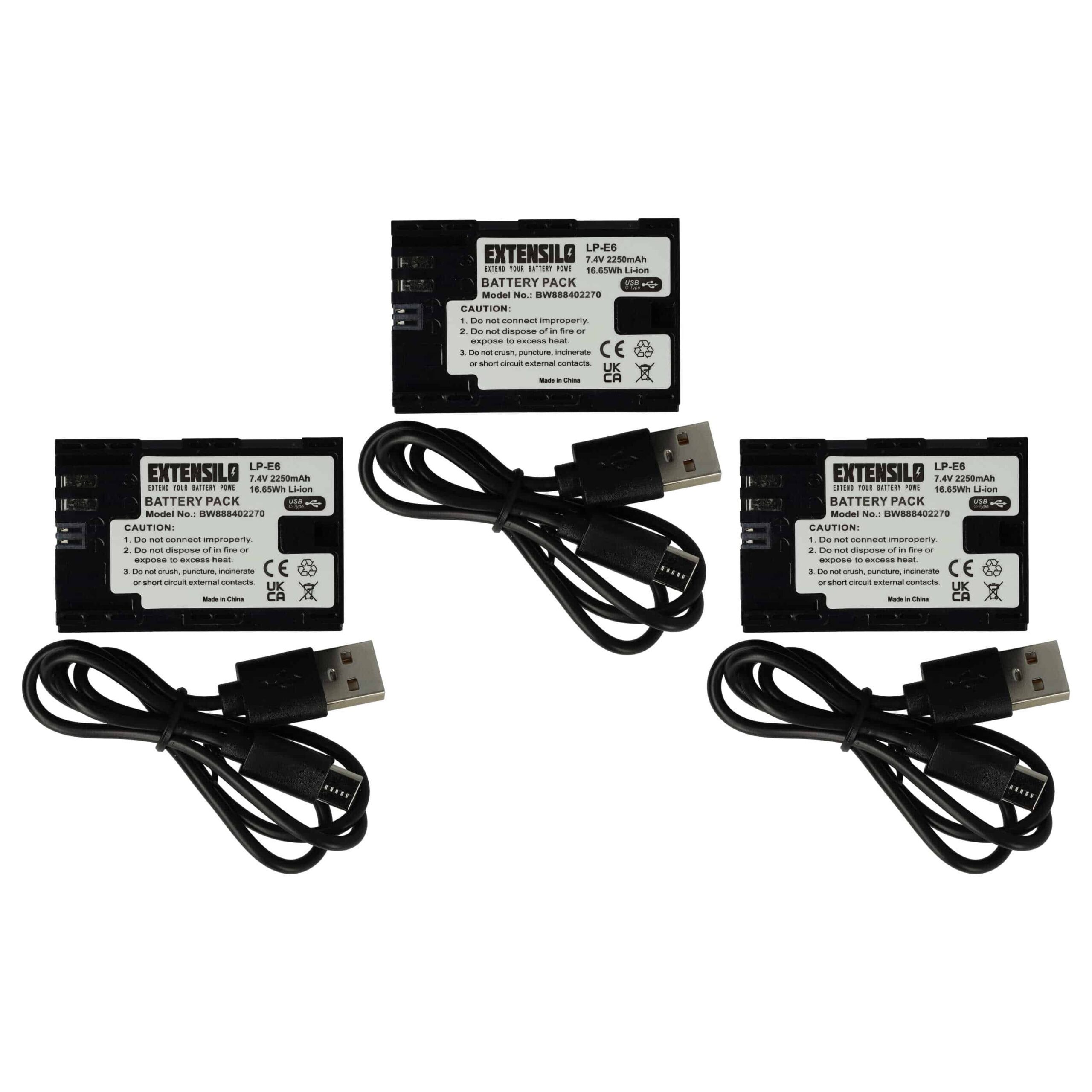 3x Baterias EXTENSILO para Canon LP-E6 - 2250mAh, 7.4V, com Porta USB-C
