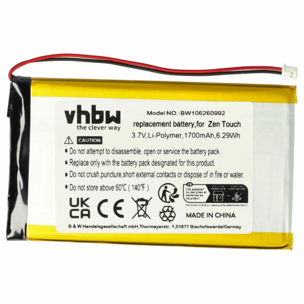 Bateria vhbw para Creative MP3-Player - 1700 mAh 3.7 V Li-polymer (DAP-HD0014, DAA-BA0004)