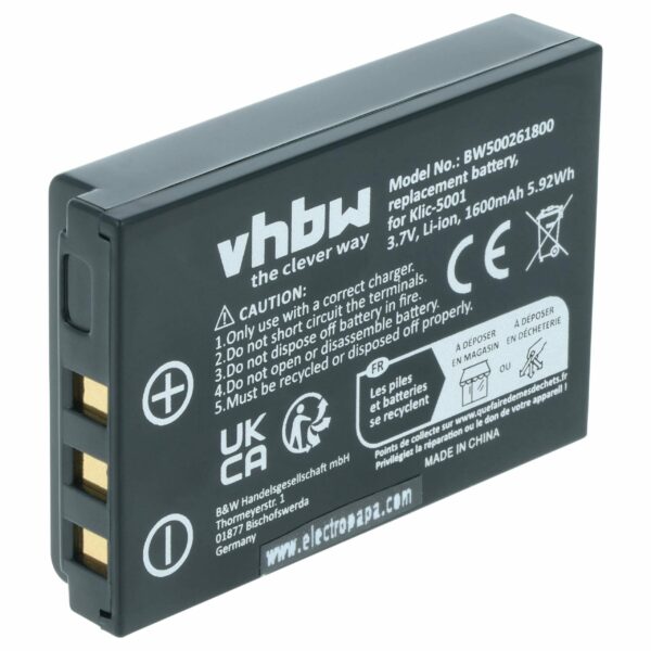 Bateria vhbw compatível com Kodak Klic-5001 - 1600mAh, 3.6V, Li-Ion