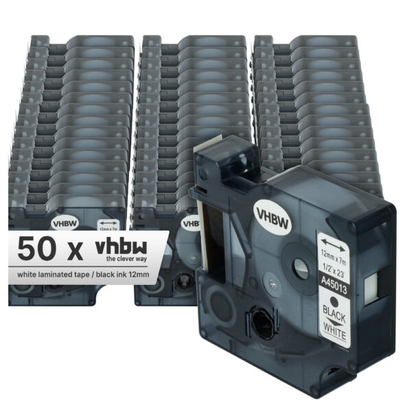 50x Fita de Etiquetadora Compatível com Dymo S0720530, D1 - 12 mm Preto sobre Branco