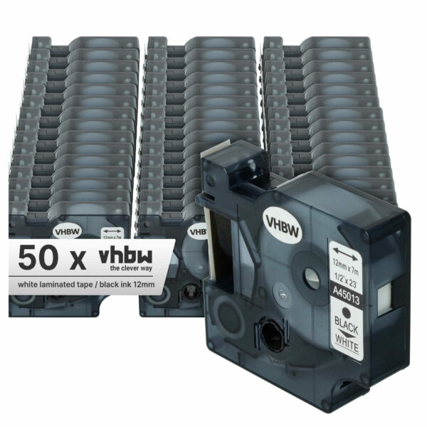 50x Fita de Etiquetadora Compatível com Dymo S0720530, D1 - 12 mm Preto sobre Branco
