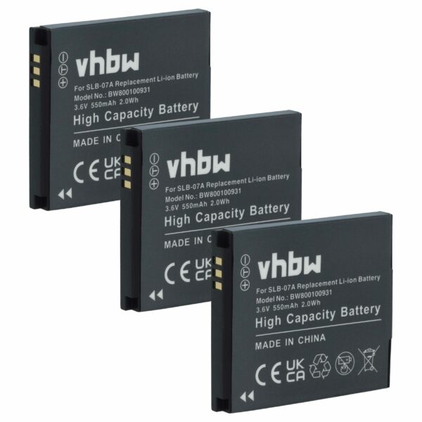 Pack 3x Baterias vhbw para Samsung SLB-07A, SLB-07B - 550mAh, 3.6V, Li-Ion