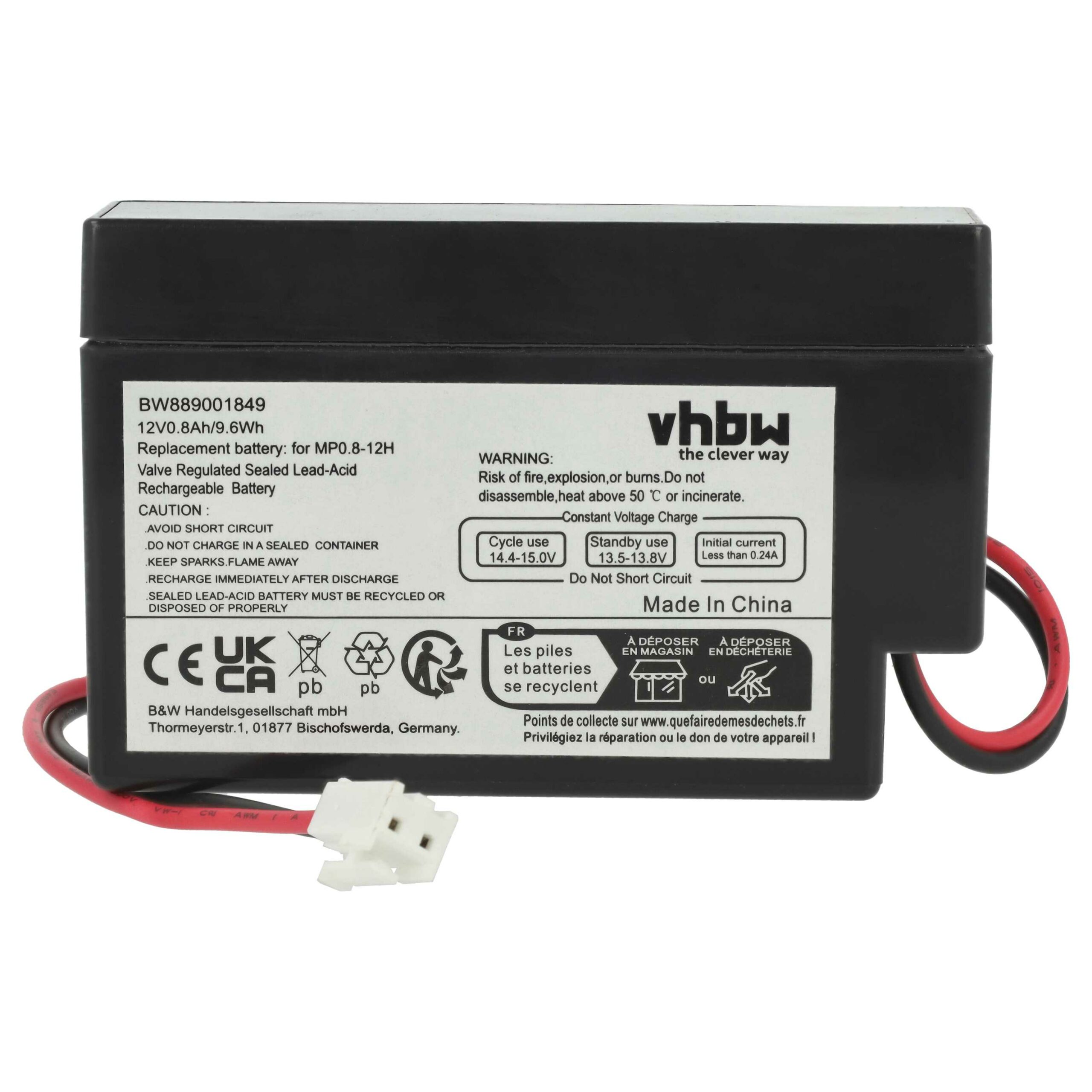 Bateria Universal vhbw 2x 800mAh 12V AGM com Conector JST (substitui MP0.8-12H) - Image 2
