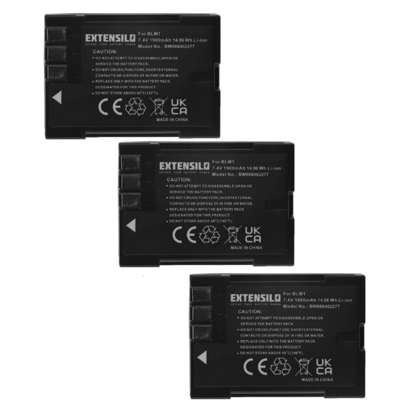 3x Bateria de substituição Olympus PS-BLM1 - 1900mAh, 7.4V, Li-Ion EXTENSILO