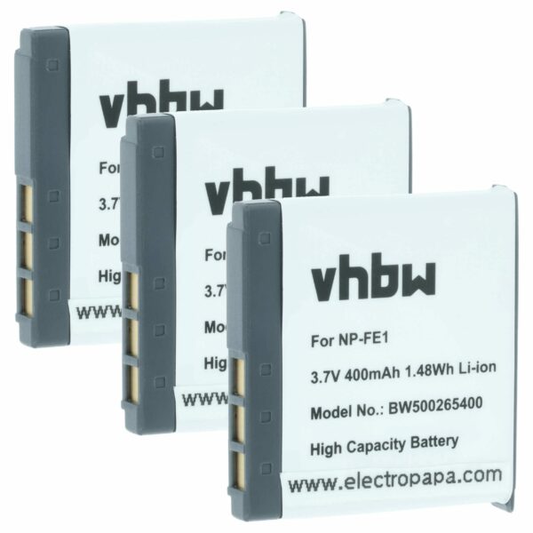 Pack 3x Bateria vhbw NP-FE1 para Sony - 370mAh, 3.6V, Li-Ion