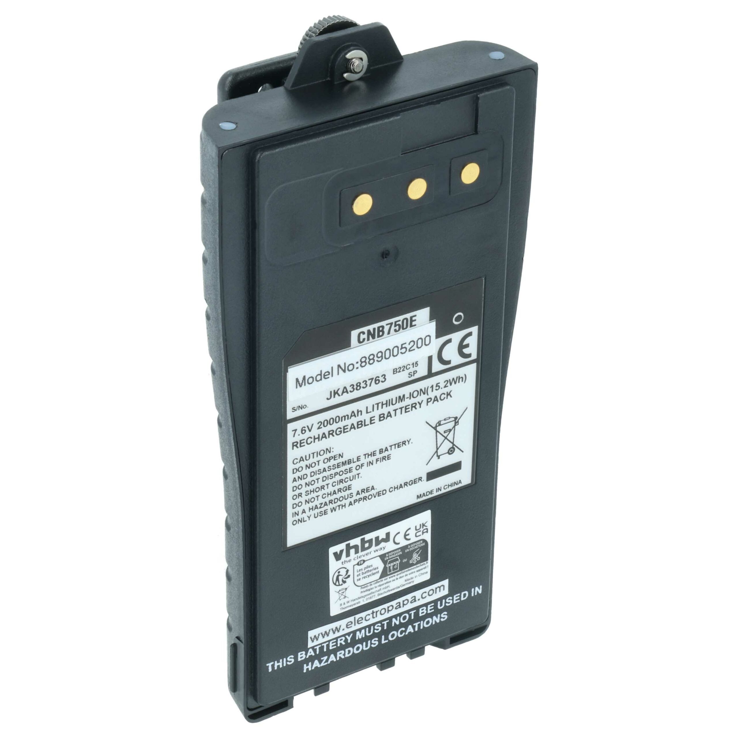 Bateria vhbw para Rádio Entel CNB750E - 2000 mAh 7.6 V Li-Ion + Clip de Cintura