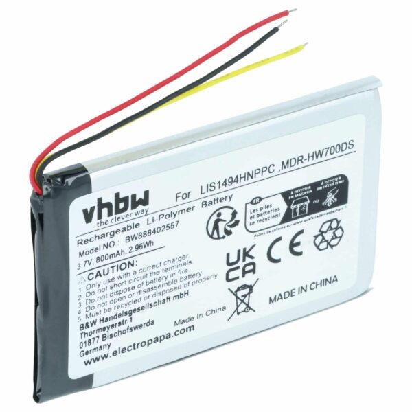 Bateria de Substituição para Auscultadores Sony LIS1494HNPPC - 800 mAh 3.7 V Li-polymer vhbw