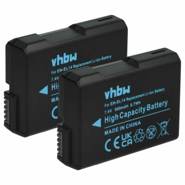 2x Bateria vhbw compatível com Nikon EN-EL14 - 950mAh, 7.2V, Li-Ion com chip informativo