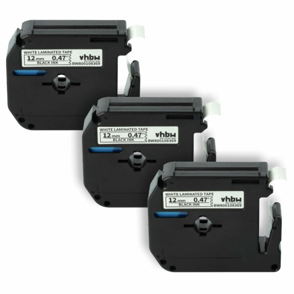 Fita de Etiquetas vhbw 12mm Compatível com Brother M-K231 - Preto sobre Branco (Pack 3)