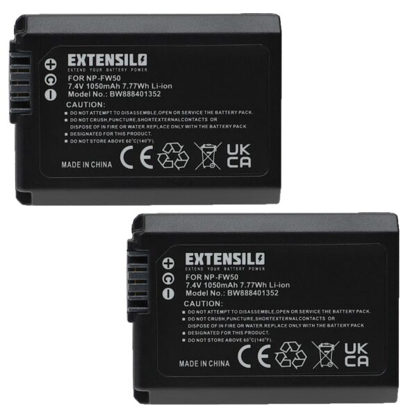 2x Bateria substitui Sony NP-FW50 - 1050mAh, 7.4V, Li-Ion EXTENSILO