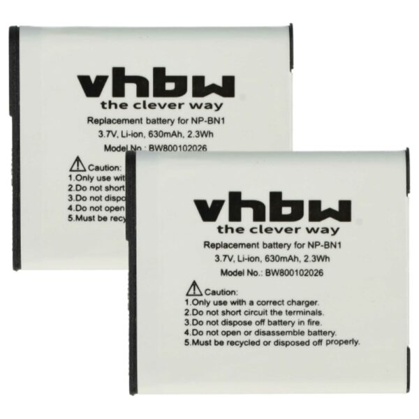 2x Baterias vhbw para Sony NP-BN1 - 600mAh, 3.6V, Li-Ion