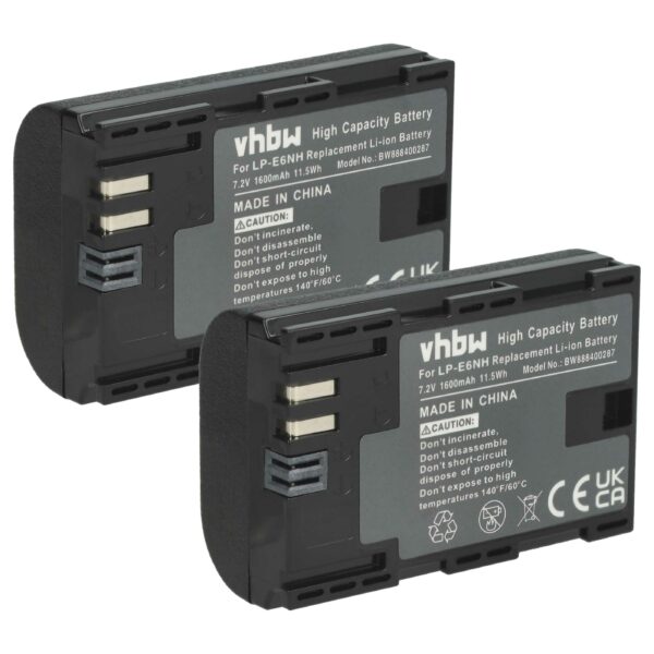 2x Bateria vhbw substitui Canon LP-E6, LP-E6NH - 1600mAh, 7.2V