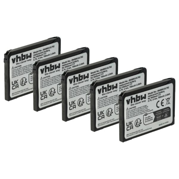 Bateria vhbw 700 mAh 3.7V Li-Ion para Rádios Alan FB-777 (Pack 5x)