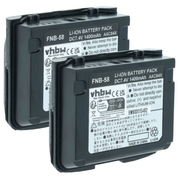 2x Bateria para Rádio Yaesu Vertex FNB-58, FNB-80Li, FNB-58Li, FNB-80 - 1400 mAh 7.4 V Li-Ion
