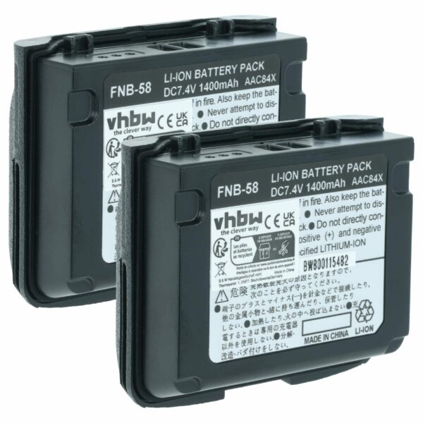 2x Bateria para Rádio Yaesu Vertex FNB-58, FNB-80Li, FNB-58Li, FNB-80 - 1400 mAh 7.4 V Li-Ion