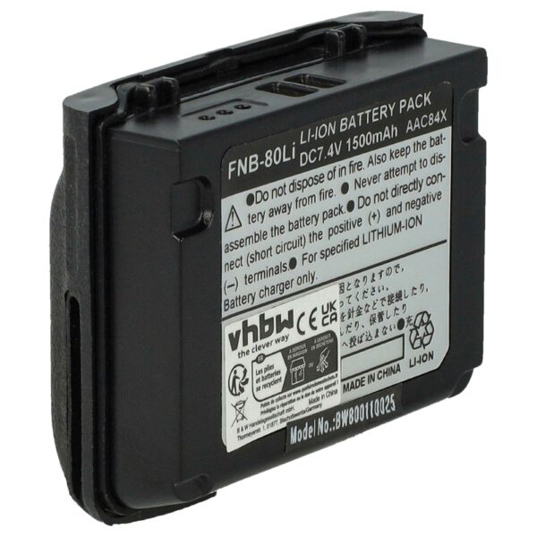 Bateria de Substituição vhbw para Vertex Yaesu FNB-V80li, FNB-80Li - 1500 mAh 7.4 V Li-Ion