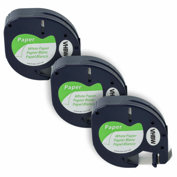 Fita de Etiquetas vhbw 12 mm Preto sobre Branco - Substitui Dymo 91200, S0721520 (Pack 3x)