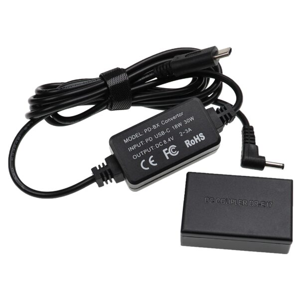 Carregador USB vhbw com Acoplador CC para Canon ACK-E17 - 2 m, 8,4 V 3,0 A