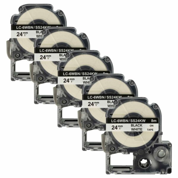 Pack 5x Fita Etiquetadora vhbw para Epson LC-6WBN - 24 mm Preto sobre Branco