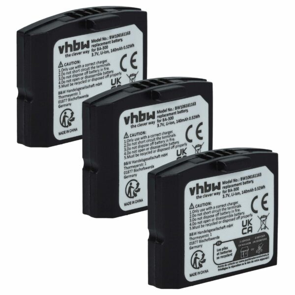 Bateria Wireless vhbw 3x Compatível Sennheiser BA300, BA-300, 500898, 523306 - 140 mAh 3.7 V Li-polímero
