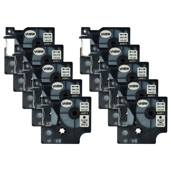 10x Fita de etiquetas compatível com Dymo D1, 43613 - 6 mm Preto sobre Branco