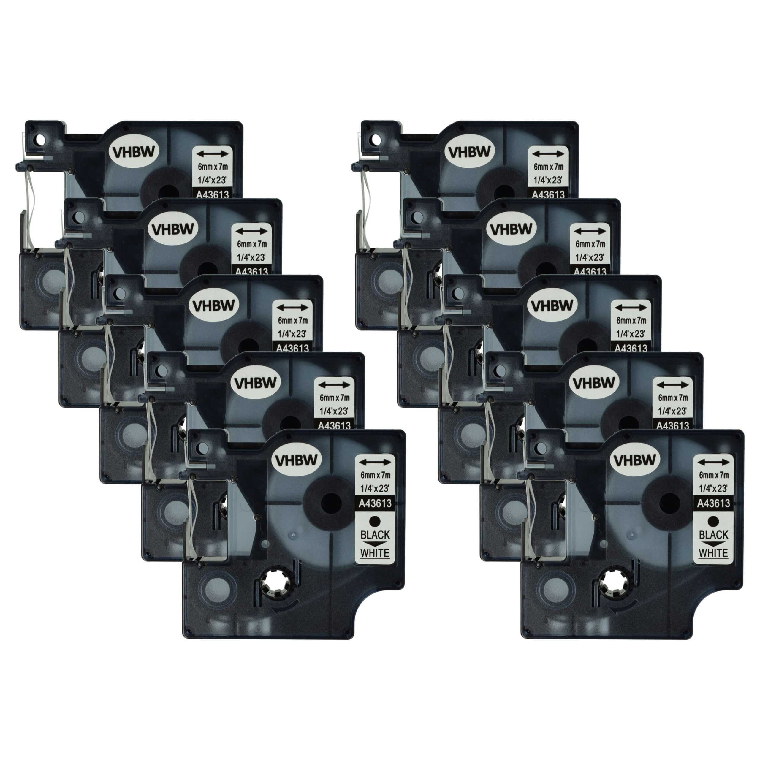 10x Fita de etiquetas compatível com Dymo D1, 43613 - 6 mm Preto sobre Branco