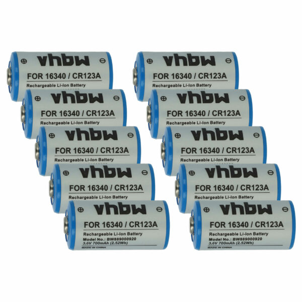 10x Bateria vhbw CR123A 16340 - 700 mAh 3.6V Li-Ion (substitui DL123A, CR123R, CR17335, EL123AP, K123LA, CR17345)