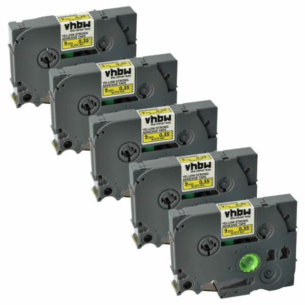5x Fita de Etiqueta Compatível Brother TZE-S621 - 9 mm Preto sobre Amarelo, Extra Resistente