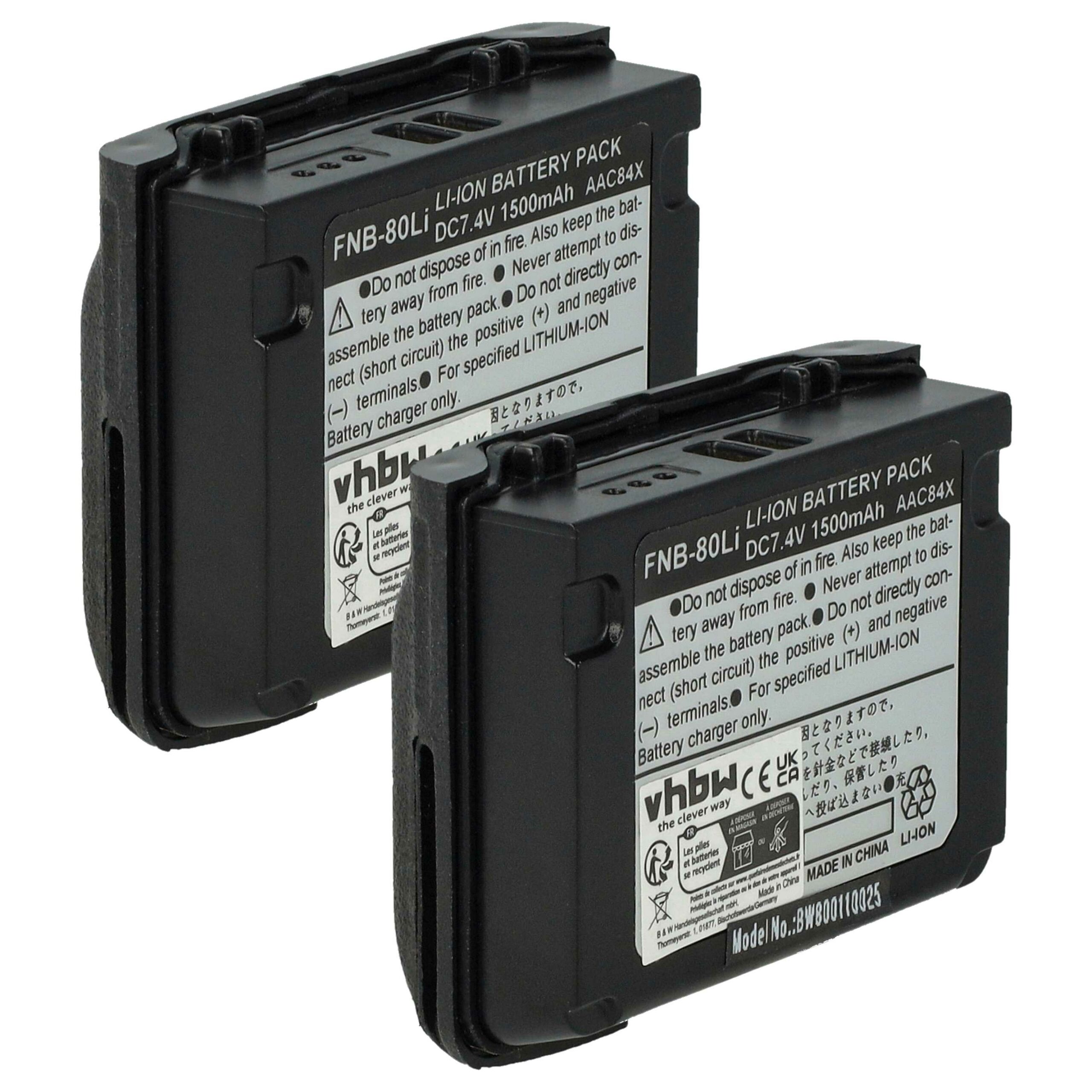 Bateria vhbw 2x para rádio Vertex Yaesu FNB-V80li, FNB-80Li 1500 mAh 7.4 V Li-Ion