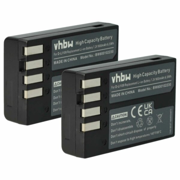 2x Bateria vhbw D-Li109 900mAh 7.2V Li-Ion para Pentax