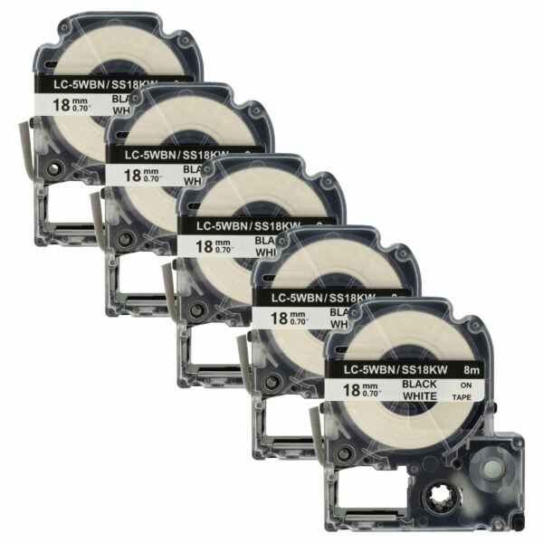 5x Fita de Etiqueta compatível com Epson SS18KW, LC-5WBN - 18 mm Preto sobre Branco