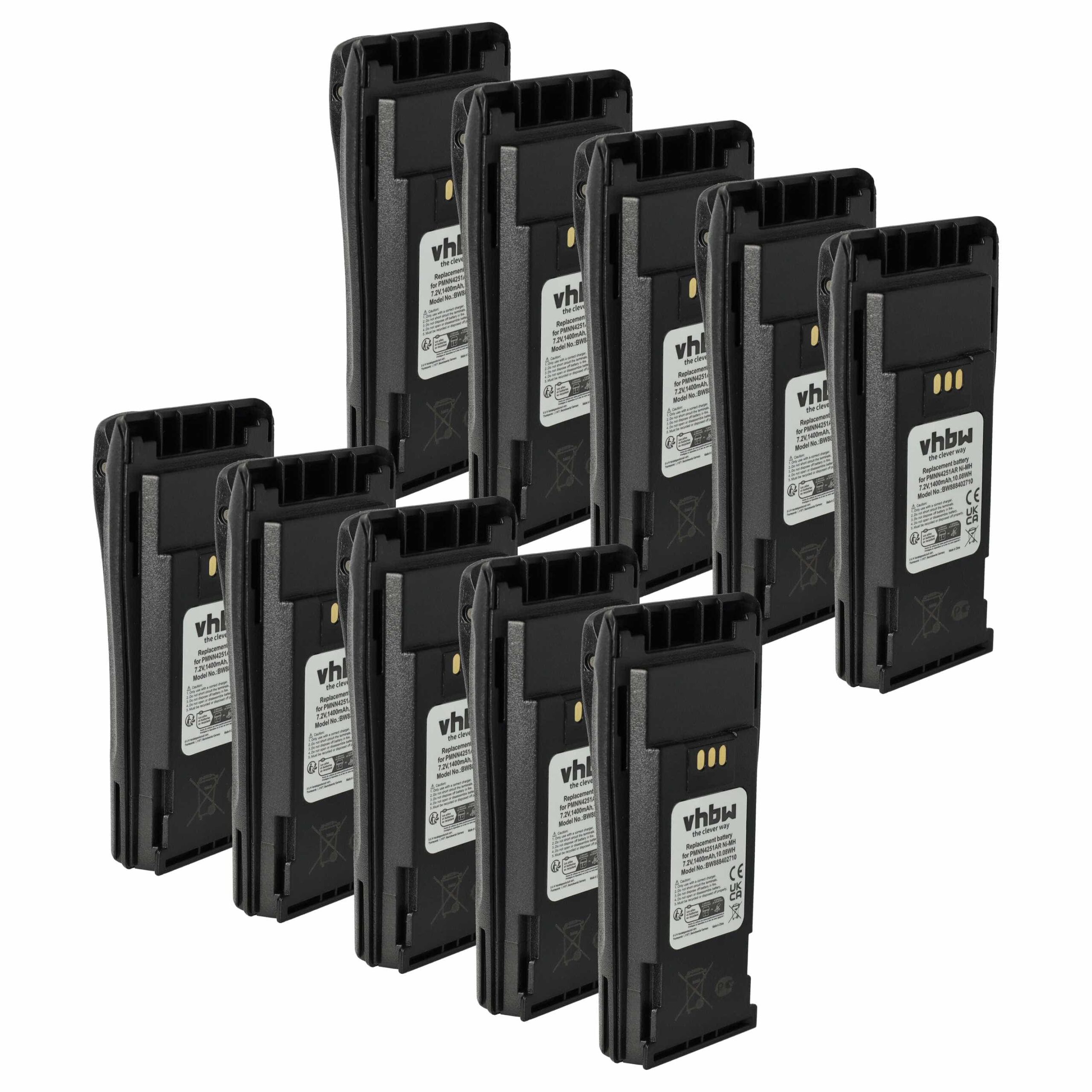 Bateria vhbw 10x para Rádio Motorola NNTN4497, NNTN4496AR, NNTN4496 - 1400 mAh 7.2V NiMH com Clip