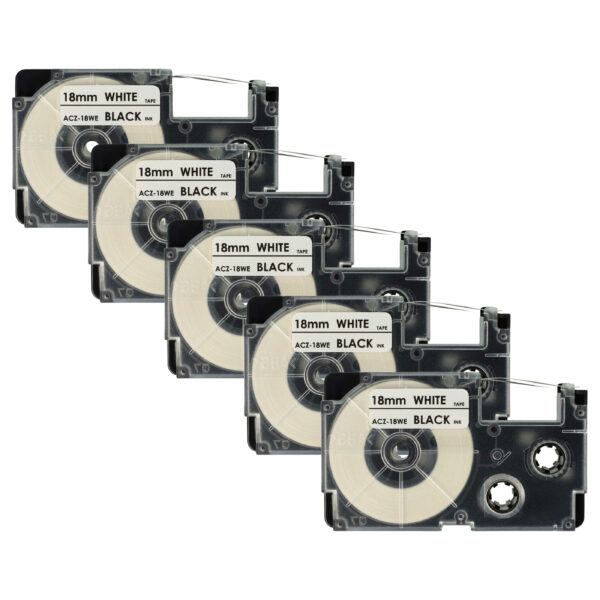 5x Fita de Etiqueta Casio XR-18WE1, XR-18WE - 18 mm Preto sobre Branco vhbw