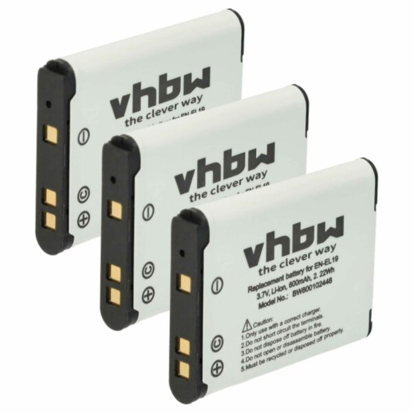 3x Bateria vhbw EN-EL19 para Nikon - 600mAh, 3.7V, Li-Ion