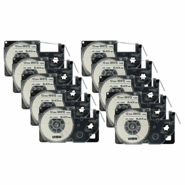 10x Fita Autocolante para Impressora Casio XR-12WE / XR-12WE1 - 12 mm Preto sobre Branco