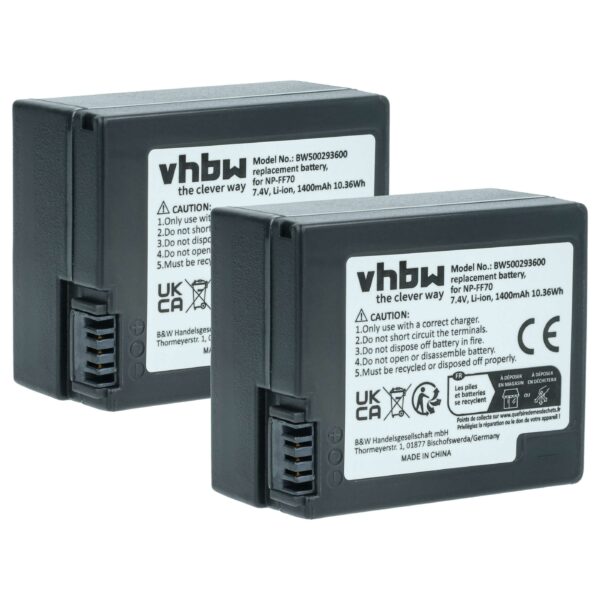 Bateria vhbw 2x para câmara Sony NP-FF71, NP-FF70 - 1400 mAh 7.4 V