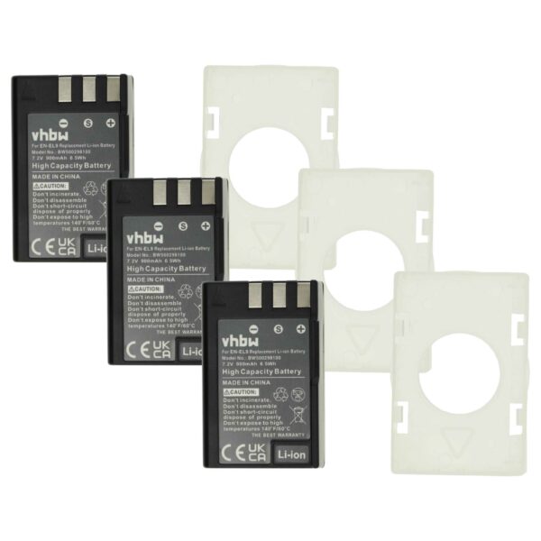 3x Bateria vhbw para Nikon EN-EL9, EN-EL9a, EN-EL9E - 900mAh, 7.2V