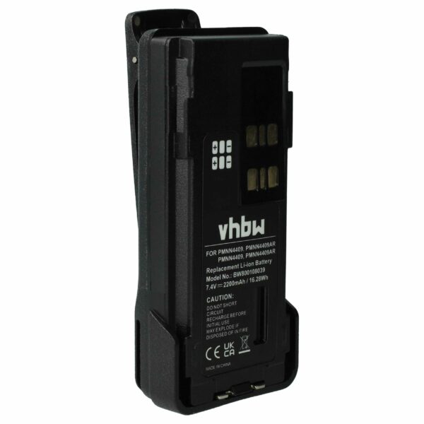 Bateria de substituição para rádio Motorola PMNN4409AR, PMNN4409, PMNN4406BR, PMNN4406 - 2200 mAh 7.4 V Li-Ion com clip de cinto