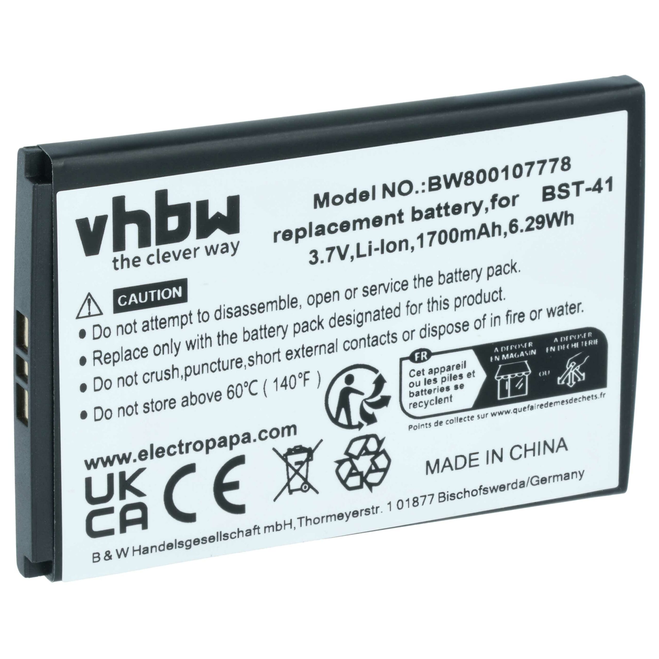 Bateria vhbw para Sony Ericsson / Sony - Substitui BST-41 - 1700 mAh 3.7 V Li-Ion