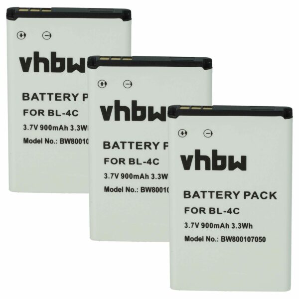 Pack 3x Bateria vhbw BL-4C 900 mAh 3.7 V Li-Ion para Telemóvel