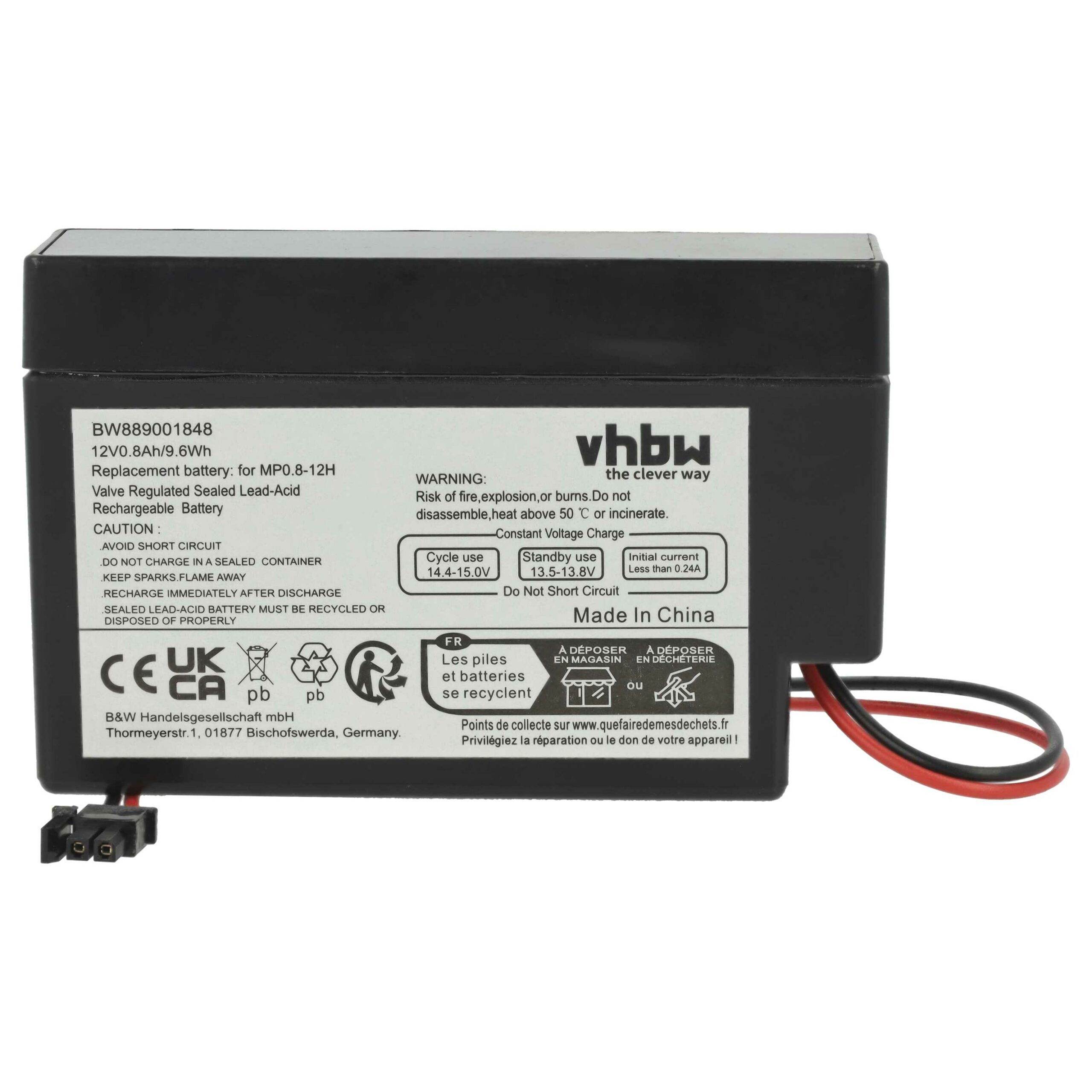 Bateria vhbw 12V 800mAh AGM com conector AMP (substituição MP0.8-12H) - Pack 4 unidades - Image 2